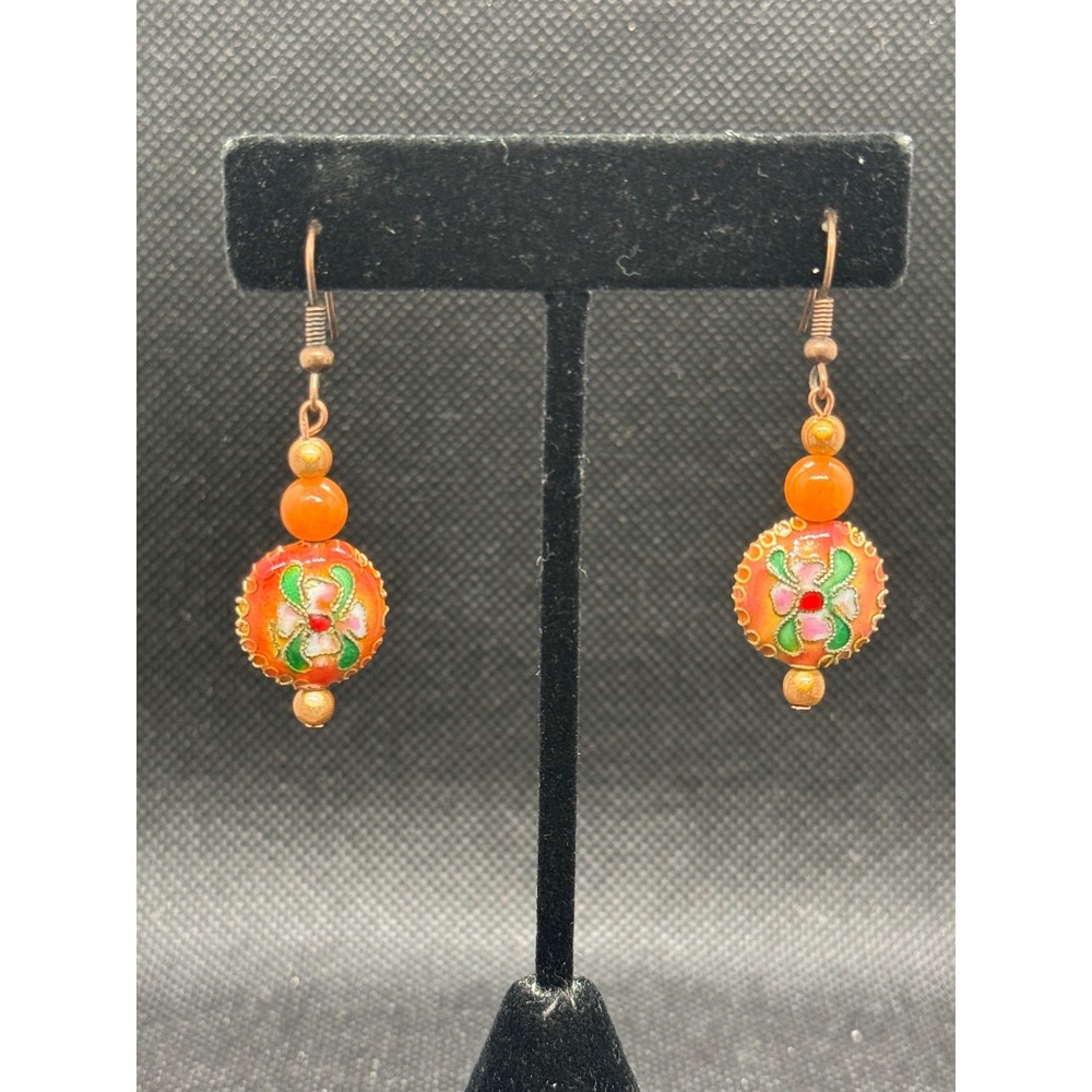 Vintage Cloisonne Floral Drop Earrings Orange Enamel Copper Tone Boho Dangle